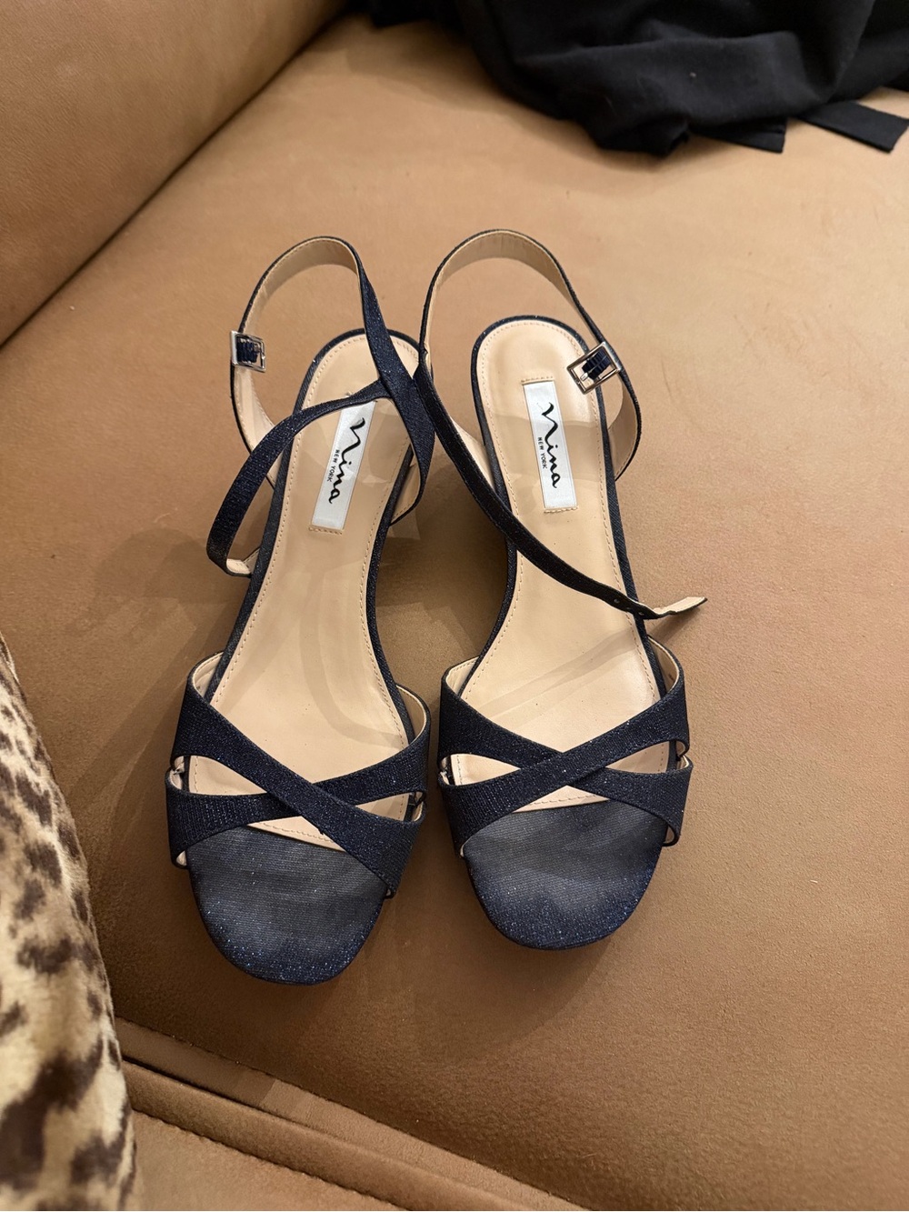 Nina Navy Metallic Strap Open-Toe Slingback Wedges